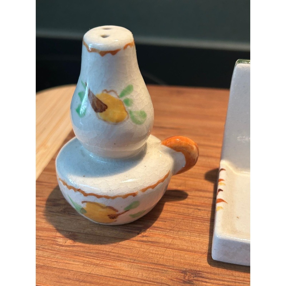 Vintage Ceramic Salt and Pepper Shakers with Wall Mount Shelf Fruit Hand Painted - Picture 8 of 14